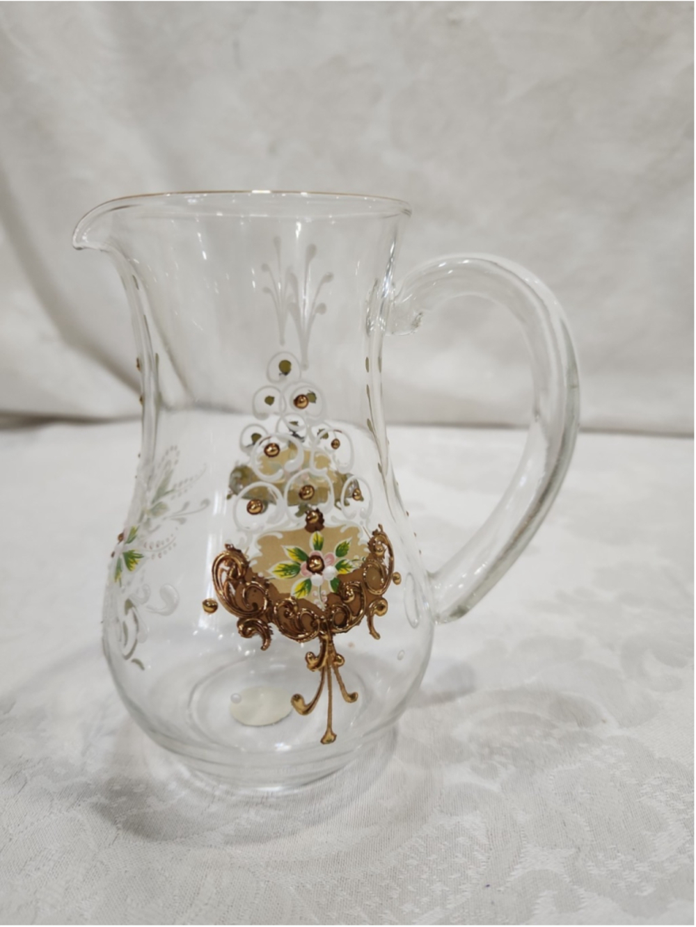 Murano Glass Pitcher Small 5 Inch 24K Gold Tre Fuochi Enamel Floral Italian
